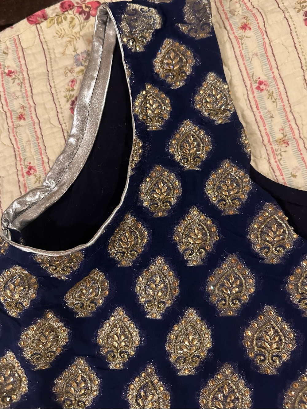 Handmade Ethnic Royal Blue Gold Beaded Indian Tunic Kurti Dress Top M/L Medium - Picture 5 of 8